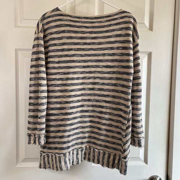 Soft Surroundings Womens Tunic Sweater Size L Striped Textured Black Tan Raw Hem - Picture 7 of 12